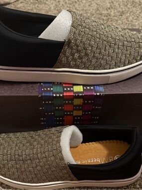 bernie mev. Woven Metallic Taupe Slip-On Sneakers with Black Collar